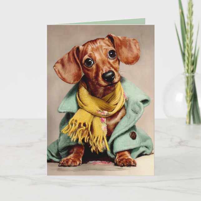 Cartão Retrato de Moda de Dachshund Aconchegante (Frente)