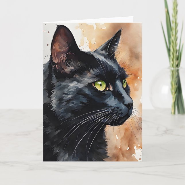 Cartão Retrato em Aquarela de Gato Preto Olhos Verdes em  (Frente)