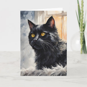 Cartão Retrato em Aquarela de Gato Preto Sentado nas Jane