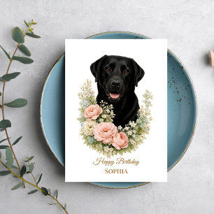 Cartão Retrato Floral de Labrador Preto