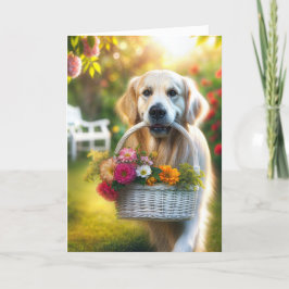 Cartão Retriever de ouro com uma cesta de flores de anive