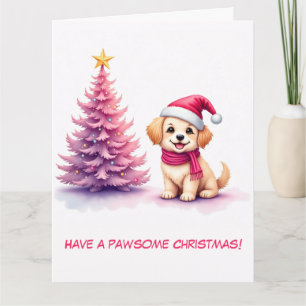 Cartão Retriever de Ouro ilustrado em Santa Hat rosa