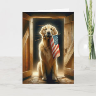 Cartão Retriever de ouros com bandeira americana