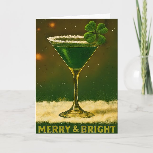 Cartão Retro 50s 4 Leaf Clover Irish Christmas Martini (Frente)