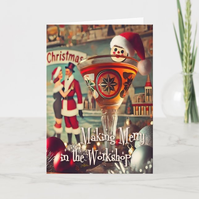 Cartão Retro 50s Cocktail Making Merry Christmas Workshop (Frente)