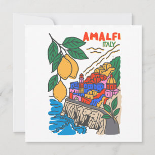 Cartão Retro Amalfi Itália Arte Mediterrâneo Desenhado à
