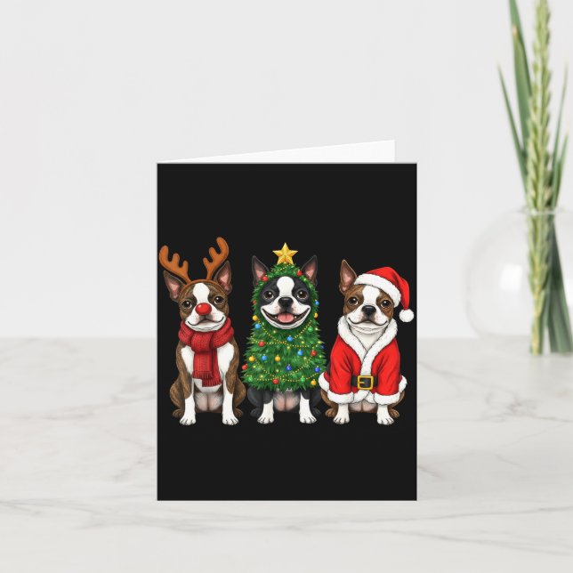 Cartão Retro Christmas Boston Terrier Santa Reindeer Dog  (Frente)