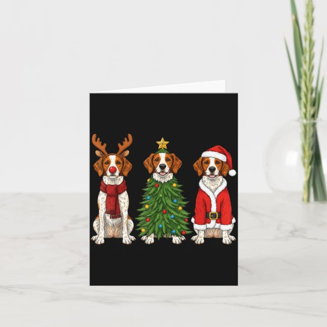 Cartão Retro Christmas Brittany Spaniel Santa Reindeer Do (Frente)