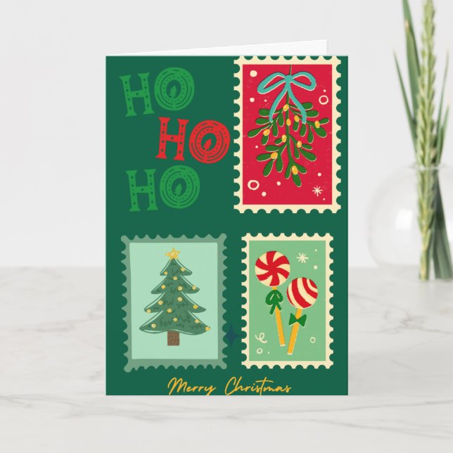 Cartão Retro Christmas Postage Card – Mistletoe, Tree & P (Frente)