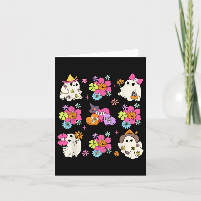 Cartão Retro Coquete Boo Fantasma Arco Abóbora Flores Olá (Frente)