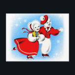 Cartão retro do boneco de neve do Natal do kitsch<br><div class="desc">Cartão de patinagem do boneco de neve do Natal retro do kitsch 60s do vintage,  caracterizando dois povos maravilhosos da neve que patinam em uma lagoa!</div>