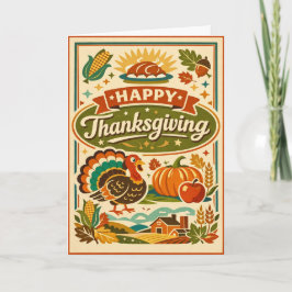 Cartão Retro Farmhouse Feliz Dia de Ação de Graças Colhei