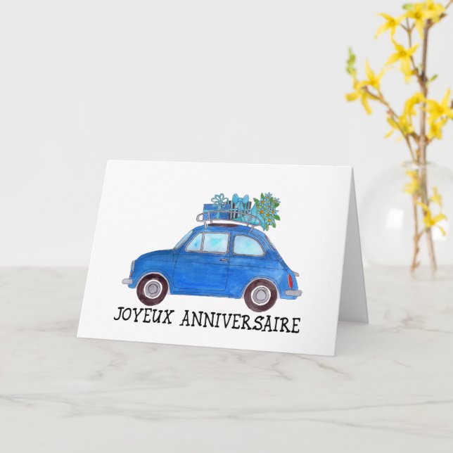 Cartão Retro Fiat 500 de aniversário francês (Flor Amarela)