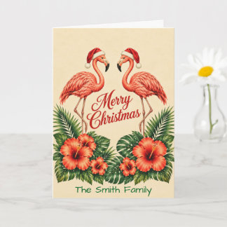 Cartão Retro Florida Natal Flamingo Personalizado Família