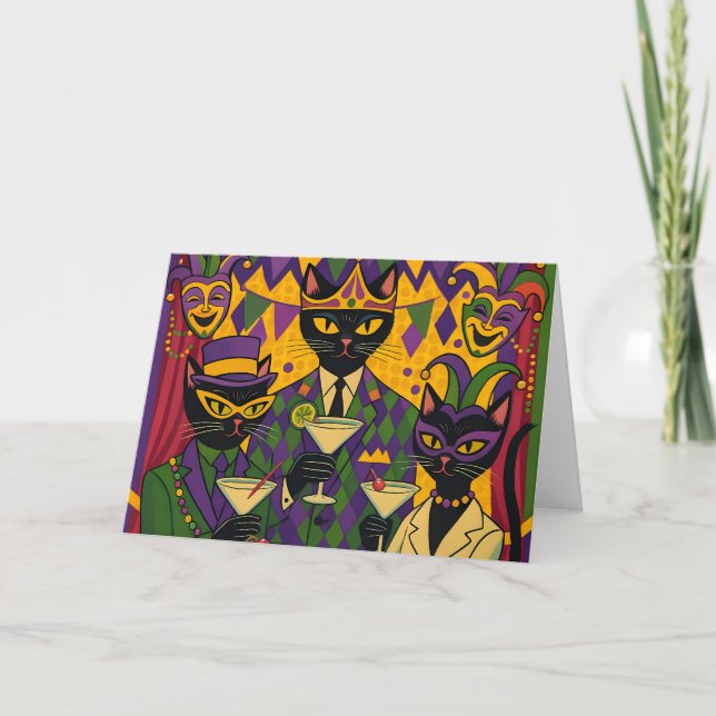 Cartão Retro Futuristic Mardi Gras Black Cat Martini Club (Frente)
