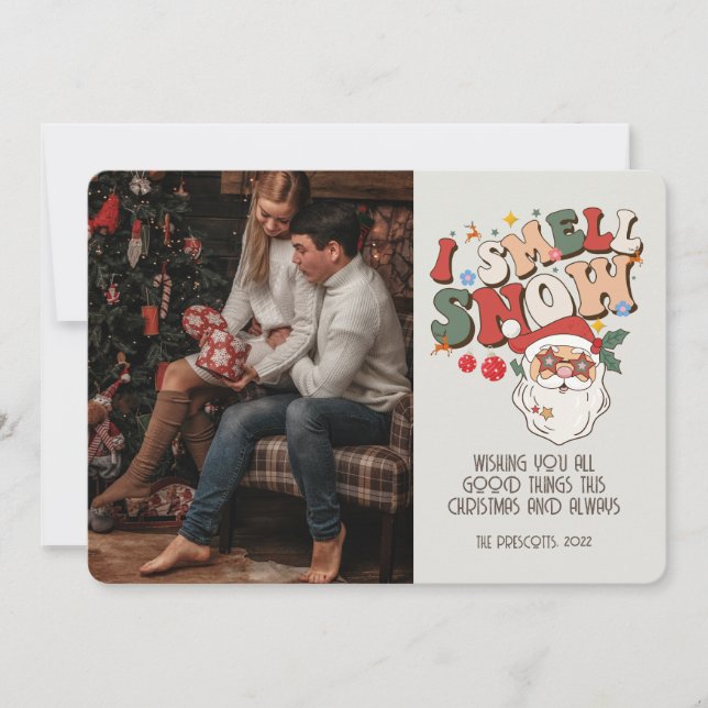 Cartão Retro Groovy Foto Papais noeis de Natal I Cheira S (Frente)