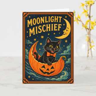Cartão Retro Halloween Gato Preto & Lua 