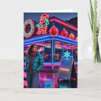 Cartão Retro Neon Christmas Diner | Vertical Holiday