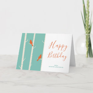 Cartão Retro Orange Birds on Birch Trees Birthday