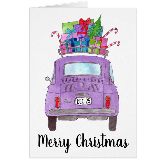 Cartão Retro Retro Roxo Fiat 500 com presentes de Natal (Frente)