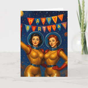 Cartão Retro Space Babes Aniversário Vintage Pin-Up
