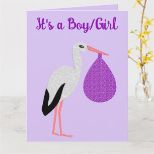 Cartão Revelação do Sexo do Bebê Andrógino Roxo Cegonha