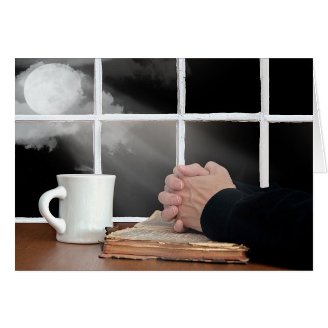 Cartão Rezando Mãos na Bíblia com Lua (Frente Horizontal)