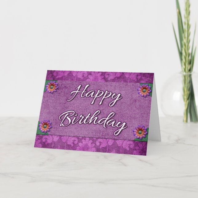 Cartão Rico Roxo Damask Feliz Aniversário das Flores (Frente)
