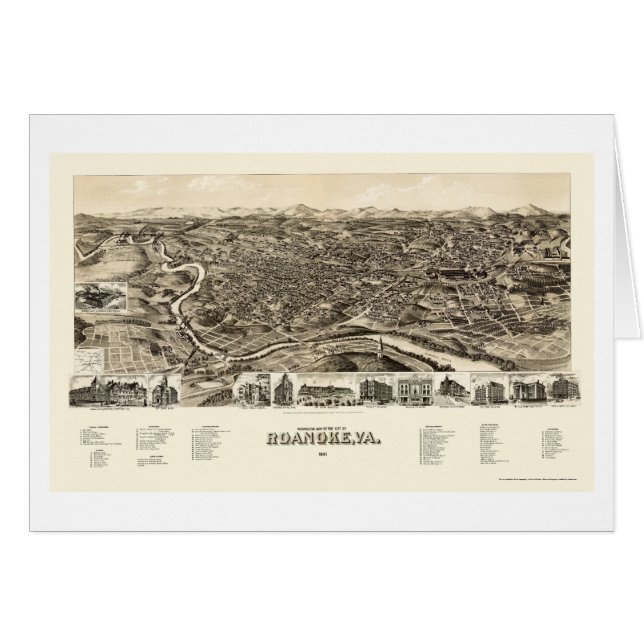 Cartão Roanoke, mapa panorâmico do VA - 1891 (Frente Horizontal)