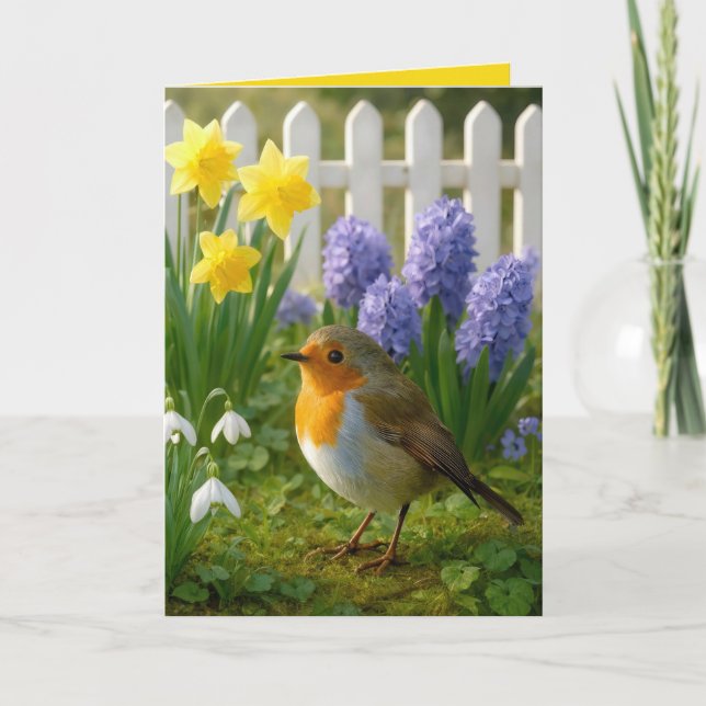 Cartão Robin de aniversário em um jardim de primavera (Frente)