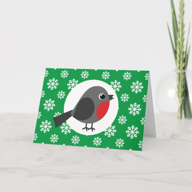 Cartão Robin de desenho animado fofo com os flocos de nev (Frente)