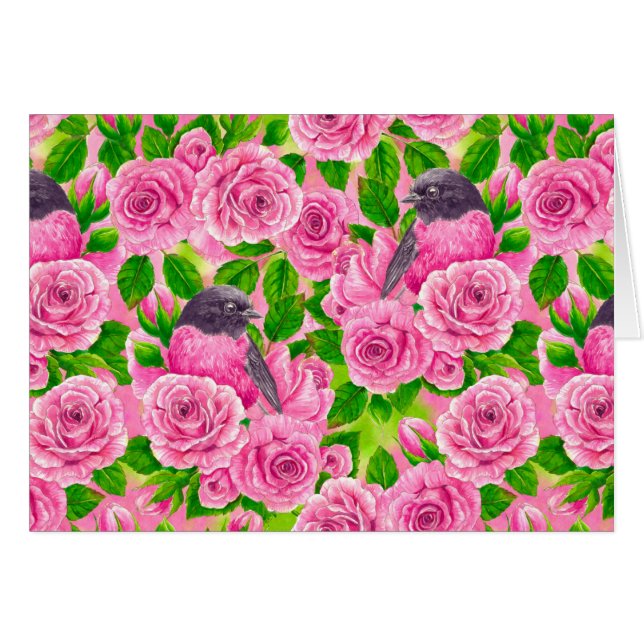 Cartão Robin rosa e rosas (Frente Horizontal)