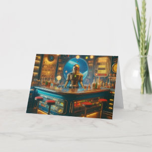 Cartão Robô Barman em Bar de Diversão da Era Espacial Int