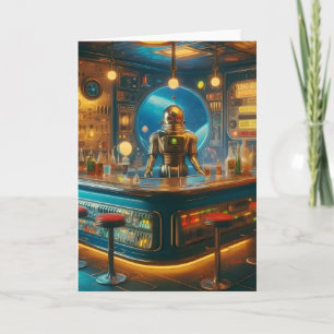 Cartão Robô Barman em Bar de Diversão da Era Espacial Int