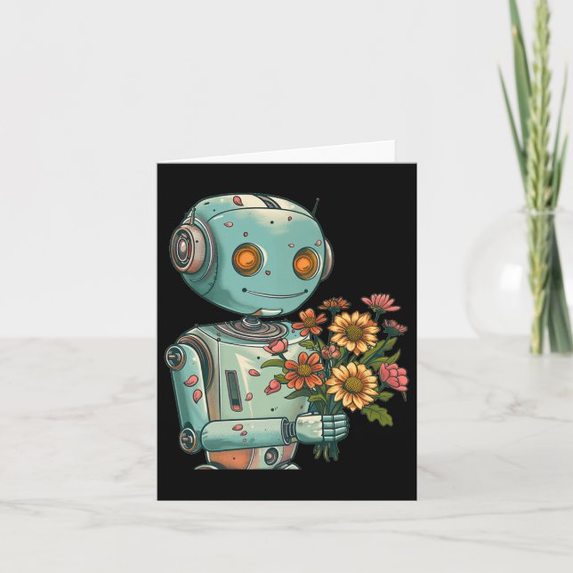 Cartão Robô Com Sangue E Flores Para Meninos E G (Frente)