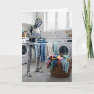 Cartão Robô de Aniversário Passando Roupas