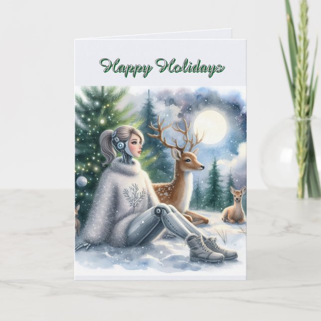 Cartão Robô Feliz Férias Tech Garota  (Frente)