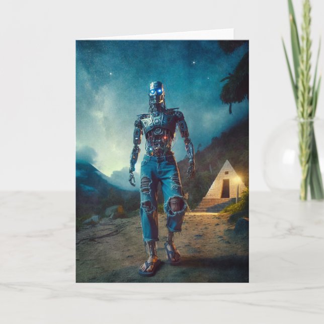 Cartão Robô Futurista em Paisagem Antiga (Frente)