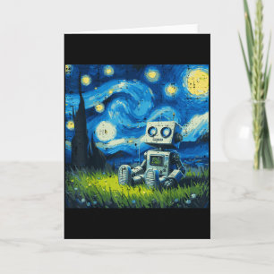 Cartão Robô Noturno Estrelado Arte de Pintura Divertida M