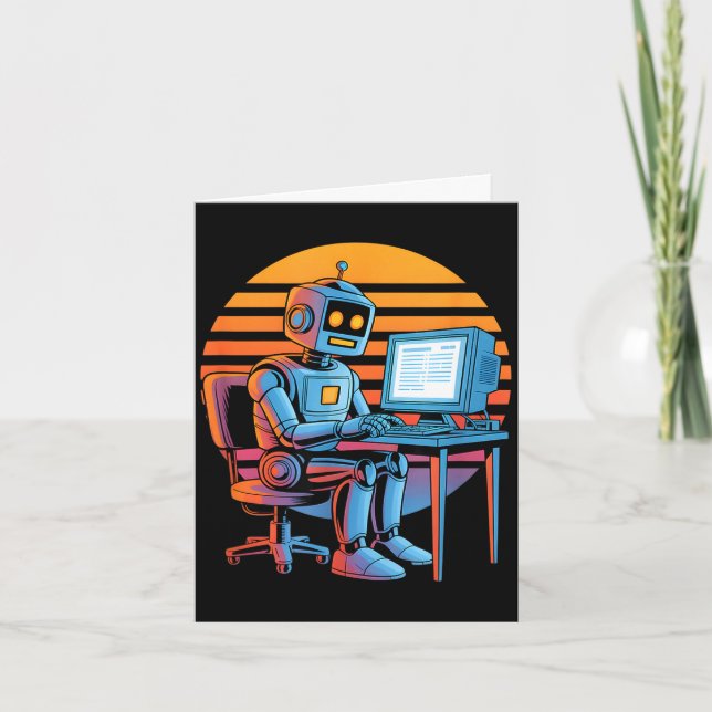 Cartão Robô retrô engraçado codificando tela de computado (Frente)
