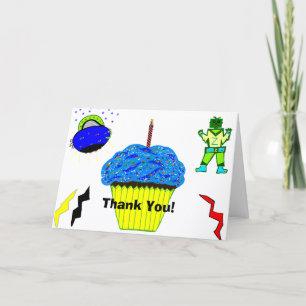 Cartão Robô Verde Menino Azul Cupcake Aniversário