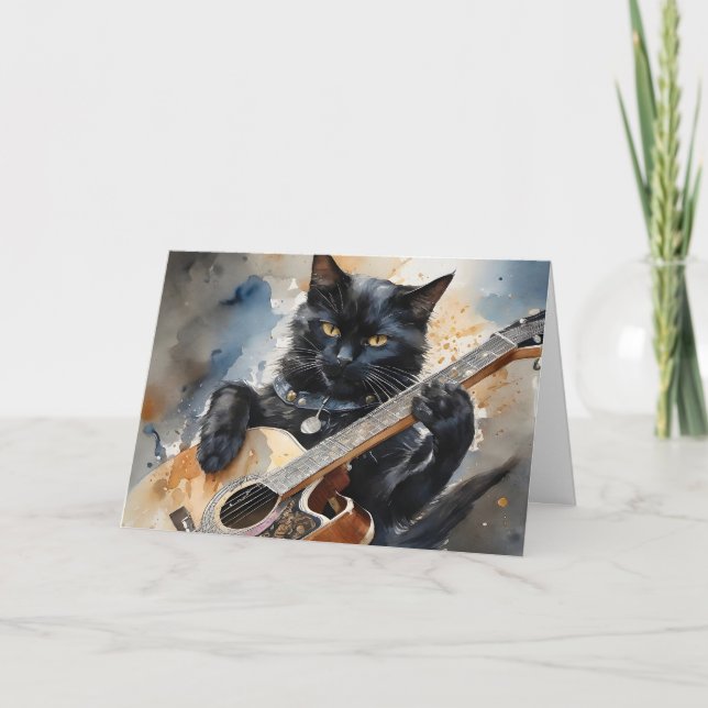 Cartão Roca de estrela gata preta tocando violão acústico (Frente)