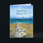 Cartão Rochas do zen do lago husband do feliz aniversario<br><div class="desc">"Um feliz aniversario ao homem eu amo" o cartão decorado com um lago da montanha com as rochas do zen empilhadas na praia pintada na aguarela. Inspirado por uma cena adiantada do primavera da costa sul de Lake Tahoe.  Você pode editar a mensagem para caber suas necessidades.</div>