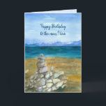 Cartão Rochas do zen do lago husband do feliz aniversario<br><div class="desc">"Um feliz aniversario ao homem eu amo" o cartão decorado com um lago da montanha com as rochas do zen empilhadas na praia pintada na aguarela. Inspirado por uma cena adiantada do primavera da costa sul de Lake Tahoe.  Você pode editar a mensagem para caber suas necessidades.</div>
