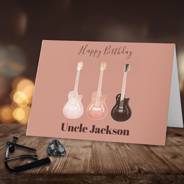 Cartão Rock n Roll Rustic Guitars Personaliza Tio (Happy birthday uncle rustic guitar personalized birthday greetings card for guitarists musicians )