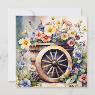 Cartão Roda de madeira de aquarela com flores de jardim