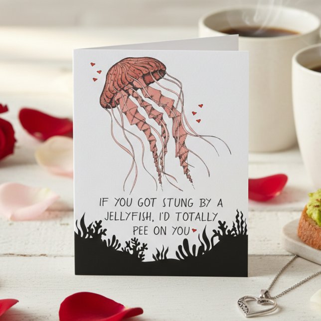 Cartão Romance Engraçado de Água-Viva (Humor Anniversary Card or Funny Romance Card with Jellyfish Illustration and I Love You for Couple)