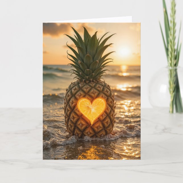 Cartão Romantic Birthday Pineapple With a Glowing Heart (Frente)