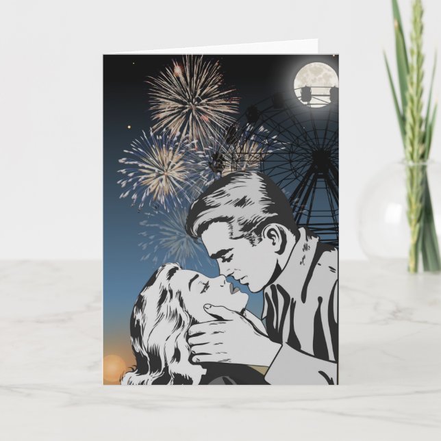 Cartão Romantic Kiss Under Fireworks Greeting Card (Frente)