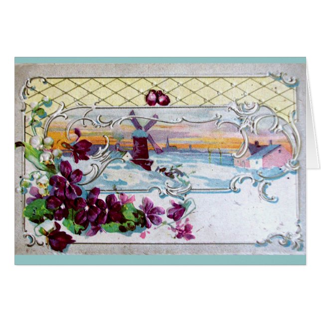 CARTÃO ROMÊNTICA /WINDMILL NA NEVE, PÂNSIAS, NEVES (Frente Horizontal)